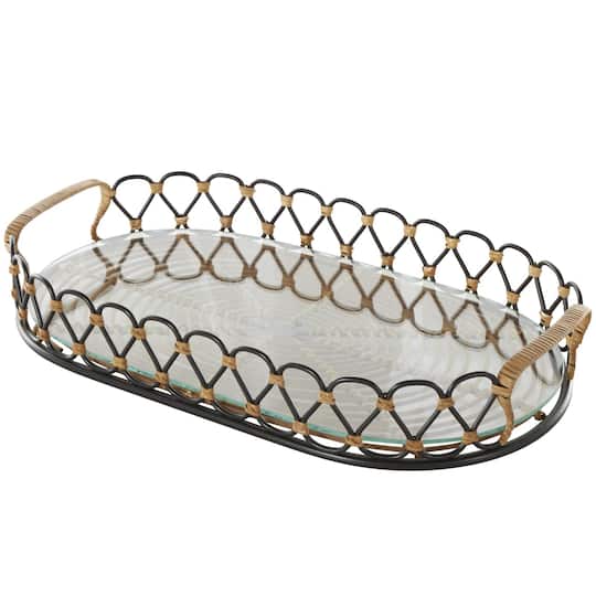 22" Black & Brown Décor Tray with Glass Base